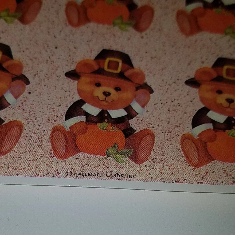 VTG Hallmark Teddy Bear Pilgrim Pumpkin Thanksgiving Stickers ~ Lot of 3 Sheets